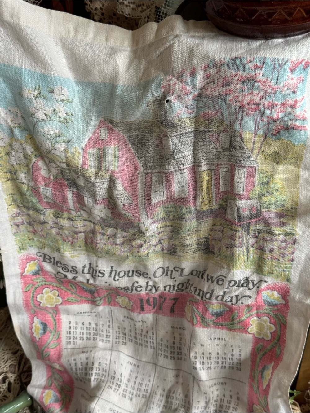 Vintage Pink and Green Floral Calendar Tea Towel - Picture 3 of 7